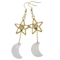 Stainless Steel Drop Earring, with White Shell, Moon and Star, gold color plated, for woman & with rhinestone, 93mm 
