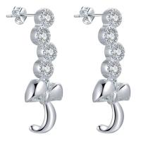 Cubic Zircon Brass Earring, Bowknot, real silver plated, for woman & with cubic zirconia, lead & cadmium free 