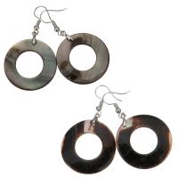 Brass Drop Earring, with Black Shell, Donut, silver color plated, for woman 53mm, 31mm 
