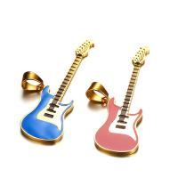 Edelstahl-Musikinstrument und Note-Anhänger, Edelstahl, Gitarre, goldfarben plattiert, Epoxy Aufkleber, keine, 23x72mm, Bohrung:ca. 7x11mm, verkauft von PC