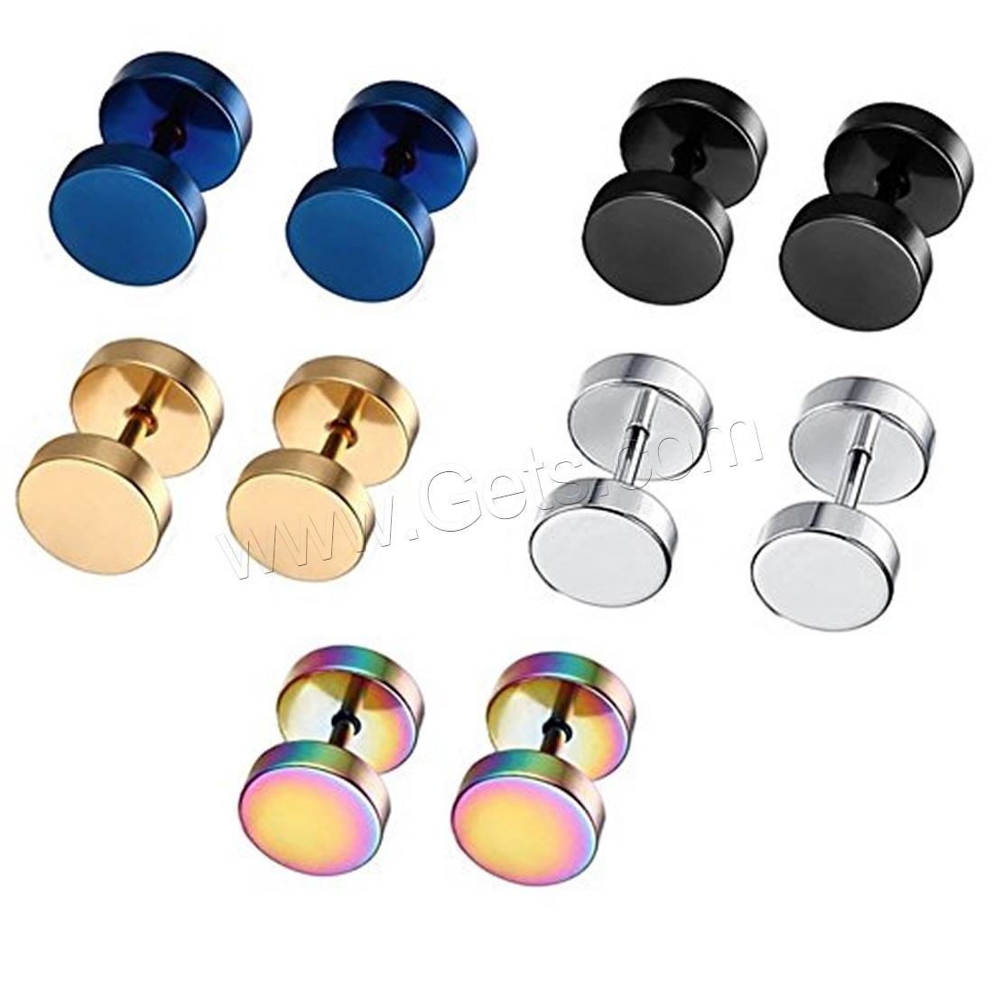 Bijoux de piercing d'oreille en acier inoxydable, unisexe & normes différentes pour le choix, couleurs mélangées, 5pairescouple/lot, Vendu par lot
