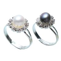 Pearl Brass Finger Ring, with Freshwater Pearl, platinum plated, adjustable & micro pave cubic zirconia nickel, lead & cadmium free US Ring .5 