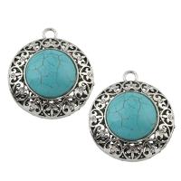 Turquoise Zinc Alloy Pendants, with Synthetic Turquoise, Flat Round, antique silver color plated, hollow, lead & cadmium free Approx 6mm 