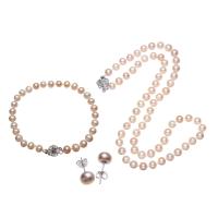Brass Freshwater Pearl Jewelry Sets, Stud Earring & bracelet & necklace, with Brass, Potato, natural, for woman, pink, 7mm Approx 18 Inch 