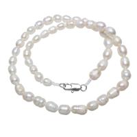 Freshwater Pearl Brass Necklace, with Brass, Rice, natural, for woman, white Approx 15.5 Inch 
