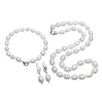 Brass Freshwater Pearl Jewelry Sets, bracelet & earring & necklace, with Brass & Zinc Alloy, Rice, natural, for woman, white, 8-9mm Approx 17 Inch, Approx  7 Inch 