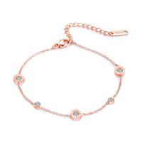 Stainless Steel Anklets Jewelry, with 40mm extender chain, Flat Round, rose gold color plated, with roman number & oval chain & for woman & with cubic zirconia, 6mm,3.5mm Approx 7.1 Inch 