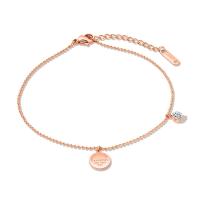 Stainless Steel Anklets Jewelry, with 40mm extender chain, Flat Round, rose gold color plated, ball chain & for woman & with cubic zirconia, 8.5mm,4mm Approx 7.9 Inch 