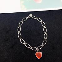 Sterling Silver Bracelets, 925 Sterling Silver, Heart, platinum plated, oval chain & for woman & enamel Approx 6.7 Inch 