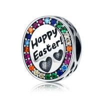 Cubic Zirconia Thailand Sterling Silver European Beads, Flat Oval, word Happy Easter, without troll & with cubic zirconia Approx 4.5-5mm 