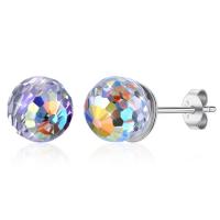 Brass Stud Earring, with Austrian Crystal, Round, real silver plated, for woman & faceted, lead & cadmium free 