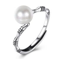 Brass Open Finger Ring, with ABS Plastic Pearl, real silver plated, for woman & blacken, lead & cadmium free, 2mm, US Ring 
