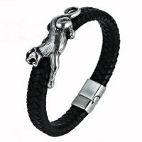Titanium Steel Bracelet, with PU Leather, titanium steel magnetic clasp, Leopard, for man & blacken 12mm Approx 8.7 Inch 