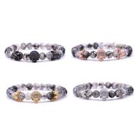 Dragon Veins Agate Bracelets, with Elastic Thread & Brass, Skull, plated, natural & Unisex & micro pave cubic zirconia Approx 7.5 Inch 