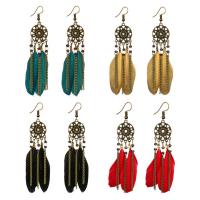 Zinc Alloy Drop Earring, with Feather, iron earring hook, antique bronze color plated, for woman & with rhinestone lead & cadmium free, 90mm 