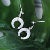 925 Sterling Silver Drop Earring, with rubber earnut & White Shell, Moon, platinum plated, for woman 