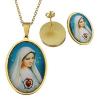 Stainless Steel Jewelry Set, earring & necklace, with Paper, Flat Oval, gold color plated, oval chain & for woman & epoxy gel 2mm Approx 17 Inch 