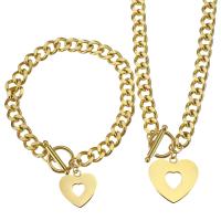 Fashion Stainless Steel Jewelry Sets, sweater chain necklace & bracelet, Heart, gold color plated, charm bracelet & curb chain & for woman 8mm 8mm Approx 23 Inch, Approx  7 Inch 