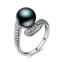 Pearl Brass Finger Ring, with Freshwater Pearl, real silver plated & for woman & with rhinestone, 10mm 