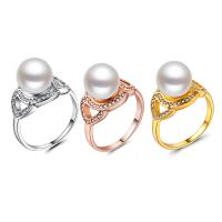 Pearl Brass Finger Ring, with Freshwater Pearl, plated & for woman & with rhinestone 10mm 