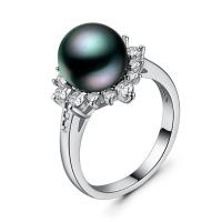 Brass Finger Ring, with Freshwater Pearl, real silver plated & for woman & with cubic zirconia, 10mm 