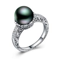 Brass Finger Ring, with Freshwater Pearl, real silver plated & for woman & with rhinestone, 10mm 