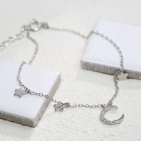 Sterling Silver Bracelets, 925 Sterling Silver, with 1.37lnch extender chain, Moon and Star, platinum plated, oval chain & for woman & with rhinestone, 9mm, 4mm Approx 6.2 Inch 