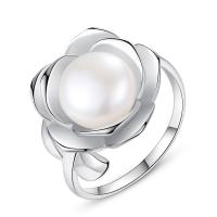 Pearl Brass Finger Ring, with Freshwater Pearl, Flower, platinum plated, adjustable & for woman, nickel, lead & cadmium free, 16mm, US Ring 