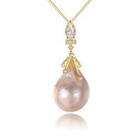 Freshwater Pearl Brass Necklace, with Freshwater Pearl, with 50mm extender chain, Oval, real gold plated, box chain & micro pave cubic zirconia & for woman, nickel, lead & cadmium free Approx 15.7 Inch 