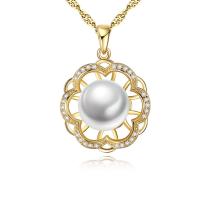 Freshwater Pearl Brass Necklace, with Freshwater Pearl, with 50mm extender chain, Flower, real gold plated, Singapore chain & micro pave cubic zirconia & for woman nickel, lead & cadmium free Approx 15.7 Inch 