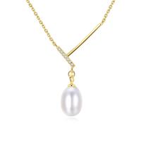 Freshwater Pearl Brass Necklace, with Freshwater Pearl, with 55mm extender chain, Oval, real gold plated, oval chain & micro pave cubic zirconia & for woman nickel, lead & cadmium free Approx 16.3 Inch 