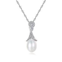 Freshwater Pearl Brass Necklace, with Freshwater Pearl, with 50mm extender chain, Oval, platinum plated, Singapore chain & micro pave cubic zirconia & for woman, nickel, lead & cadmium free Approx 15.7 Inch 