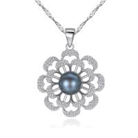 Freshwater Pearl Brass Necklace, with Freshwater Pearl, with 50mm extender chain, Flower, platinum plated, Singapore chain & micro pave cubic zirconia & for woman, nickel, lead & cadmium free Approx 15.7 Inch 