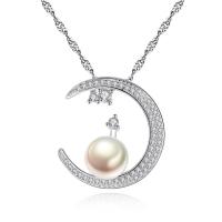 Freshwater Pearl Brass Necklace, with Freshwater Pearl, with 50mm extender chain, Moon, platinum plated, Singapore chain & micro pave cubic zirconia & for woman nickel, lead & cadmium free Approx 15.7 Inch 