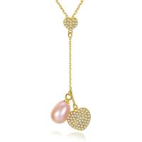 Freshwater Pearl Brass Necklace, with Freshwater Pearl, with 50mm extender chain, Flat Heart, plated, oval chain & micro pave cubic zirconia & for woman nickel, lead & cadmium free, 7mm, 9mm, Approx 15.7/Strand 