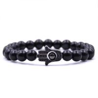 Black Stone Bracelet, with Elastic Thread & Brass, Hamsa, plated, natural & Unisex & micro pave cubic zirconia 8mm Approx 7.5 Inch 