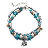 Synthetic Turquoise Anklet, with Glass Seed Beads & Zinc Alloy, with 2inch extender chain, Elephant, antique silver color plated, Double Layer & for woman Approx 9 Inch 