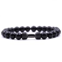Black Stone Bracelet, with Elastic Thread & Brass, Barbell, plated, natural & Unisex & micro pave cubic zirconia 8mm Approx 7.5 Inch 