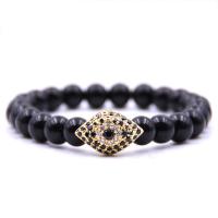 Black Stone Bracelet, with Elastic Thread & Brass, Evil Eye, plated, natural & Unisex & micro pave cubic zirconia 8mm Approx 7.5 Inch 