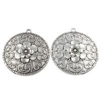 Zinc Alloy Flat Round Pendants, antique silver color plated, with flower pattern, lead & cadmium free Approx 4mm 