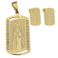 Stainless Steel Saint Jewelry Sets, pendant & earring, Rectangle, gold color plated, for woman & with rhinestone  Approx 