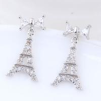 Cubic Zircon Brass Earring, Eiffel Tower, platinum plated, for woman & with cubic zirconia, nickel, lead & cadmium free 
