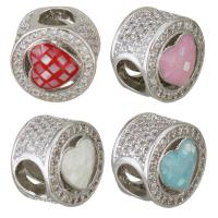Brass European Bead, with Shell, Flat Round, platinum plated, micro pave cubic zirconia & epoxy gel & without troll Approx 4.5mm 