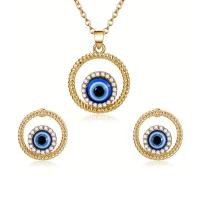 Zinc Alloy Jewelry Set, Stud Earring & necklace, with Resin, with 1.97lnch extender chain, gold color plated, evil eye pattern & oval chain & micro pave cubic zirconia & for woman  Approx 15.4 Inch 