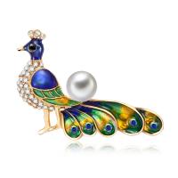 Zinc Alloy Brooch, with ABS Plastic Pearl, Peacock, gold color plated, for woman & enamel & with rhinestone, lead & cadmium free 