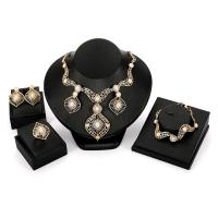 Zinc Alloy Jewelry Set, Stud Earring & finger ring & bracelet & necklace, with Plastic Pearl, with 2.75lnch extender chain, gold color plated, for woman & with rhinestone & hollow  40mm Inner Approx 50, 125mm, US Ring .5-8 Approx 7 Inch, Approx 16 Inch 