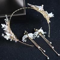 Zinc Alloy Hair Jewelry Set, Hair Band & earring, with ABS Plastic Pearl & Satin Ribbon & Crystal, gold color plated, for bridal & faceted & with rhinestone, lead & cadmium free, 370mm 