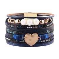 Cowhide Bracelet, with Resin Pearl & PU Leather & Zinc Alloy, Heart, plated, for woman & with rhinestone & multi-strand 37mm .7 