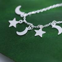 925 Sterling Silver Anklet, with 1.37lnch extender chain, Moon and Star, platinum plated, oval chain & for woman  Approx 7.6 Inch 