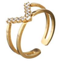 Rhinestone Stainless Steel Finger Ring, Letter V, gold color plated, for woman & with rhinestone, 11mm, US Ring 